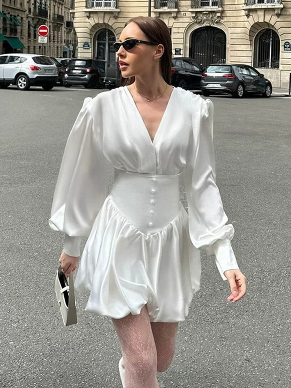 Forever 21 Court Satin Lantern Sleeve Ball Gown White
